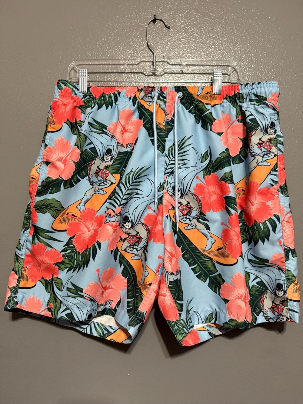 Batman Light Blue Swim Trunks with Coral Hibiscus and Yellow Surfboards - Large